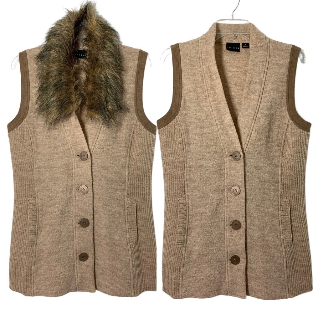 TRIBAL Sweater Vest Women M Indie Sleeze Beige Wool Knit Faux Fur Collar